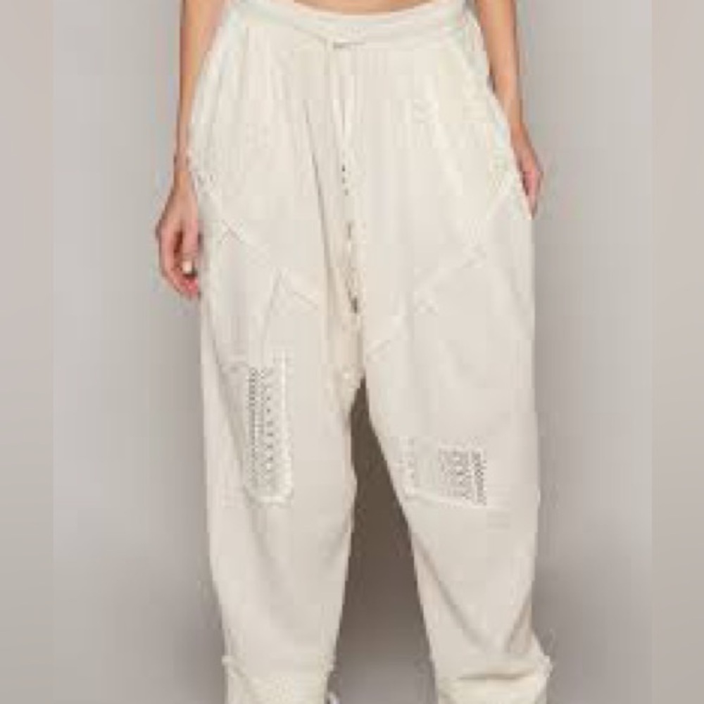 POL Lace Crochet Cargo Patchwork High-Rise Drawstring Wide Leg size  Large